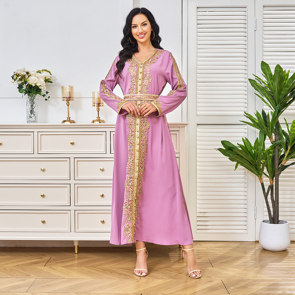 Women's Embroidered Round Neck Maxi Dress – Long Sleeve Loose Fit