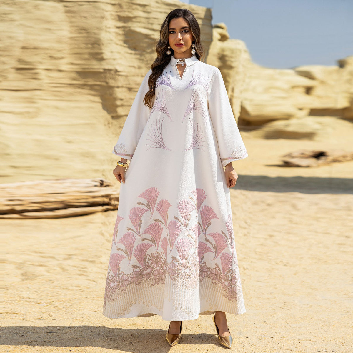 Women's Rhinestone Embroidered Jacquard Maxi Dress – Long Sleeve