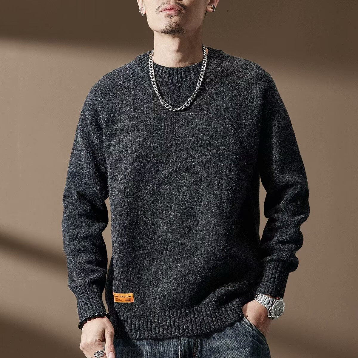 Men's Vintage Crew Neck Knit Sweater – Loose Fit Thick Pullover Jumper