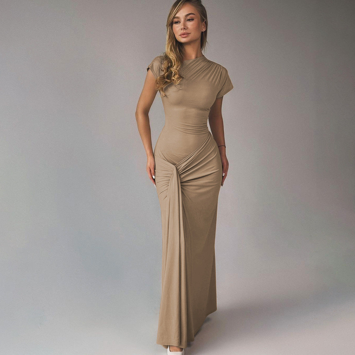 Women's Pleated Lace-Up Midi Dress – Slim Fit Round Neck