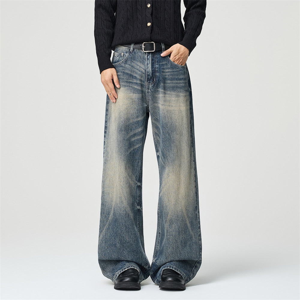 Men's vintage wash wide leg baggy jeans in light blue