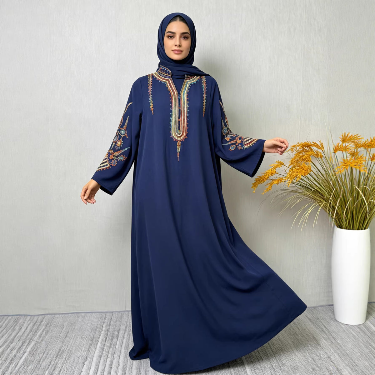 Women's Embroidered Maxi Robe Dress – Long Sleeve Elegant Loose Fit