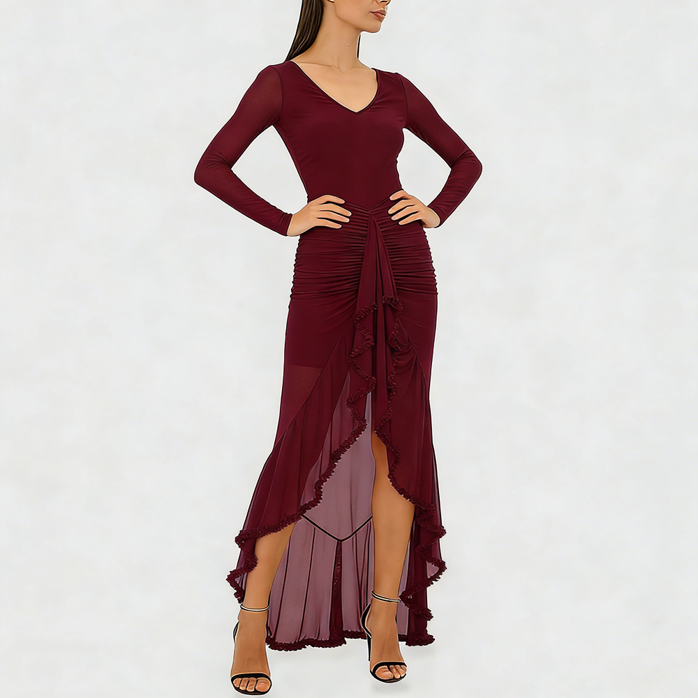 Women's V-Neck Sheer Ruffle Skirt Dress