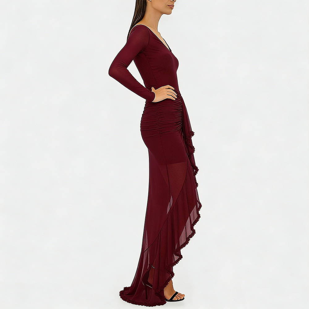 Women's V-Neck Sheer Ruffle Skirt Dress