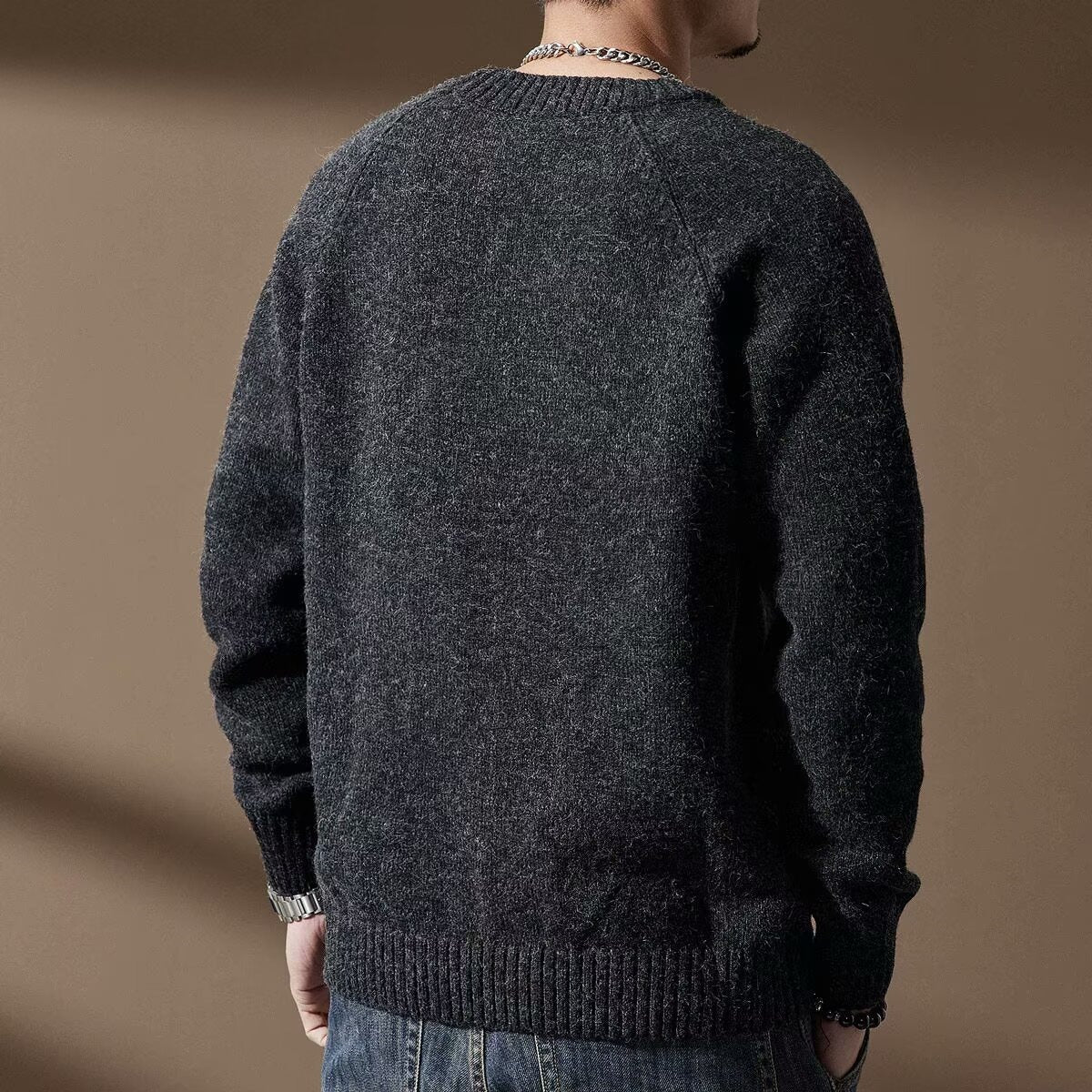 Men's Vintage Crew Neck Knit Sweater – Loose Fit Thick Pullover Jumper