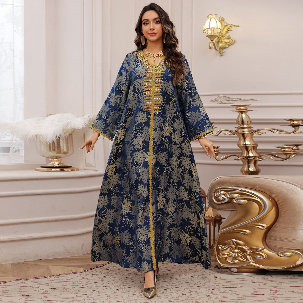 Women's Floral Embroidered Sequin Maxi Dress – Long Sleeve Evening Gown