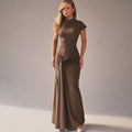 Women's Pleated Lace-Up Midi Dress – Slim Fit Round Neck