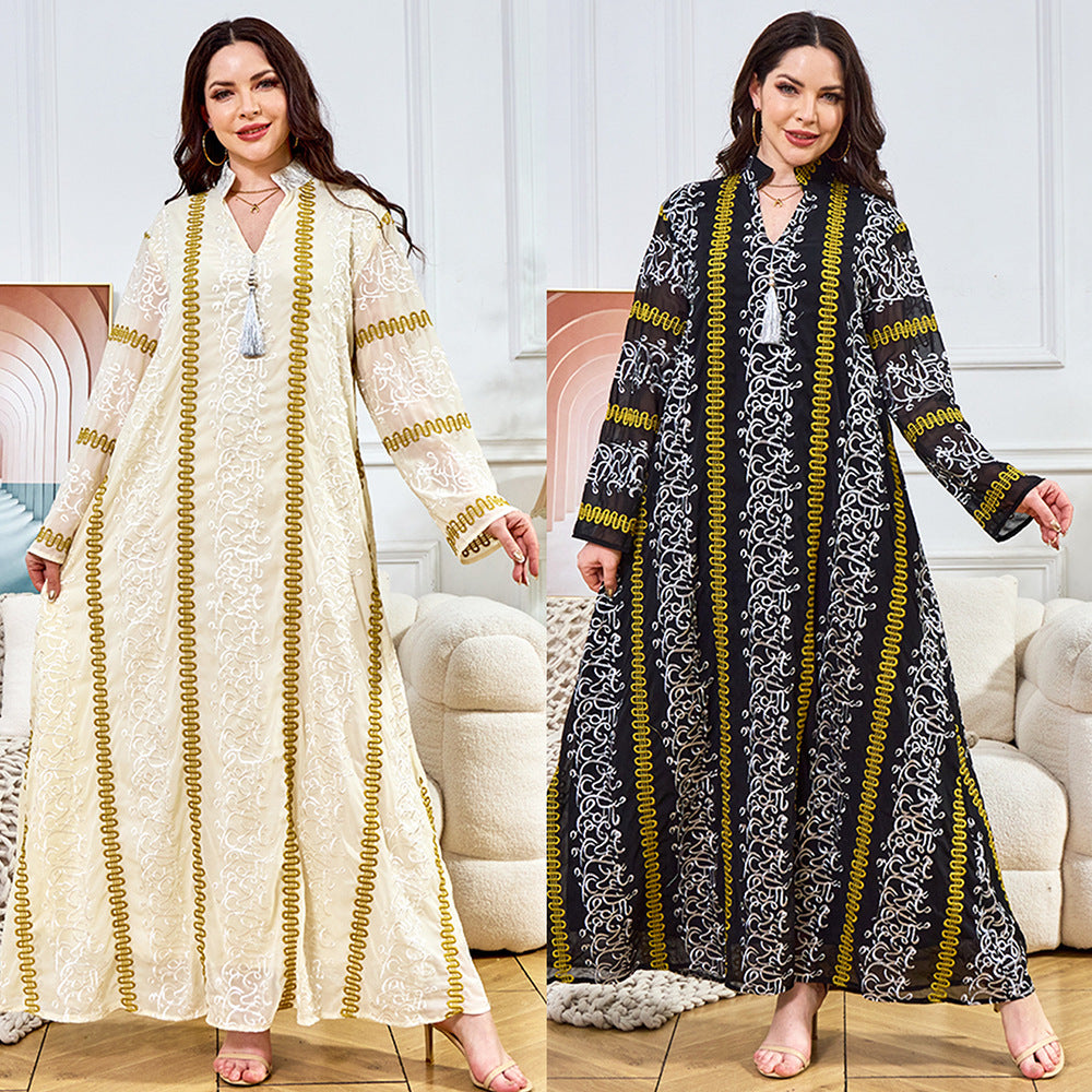 Women's Embroidered Tassel Maxi Dress – Long Sleeve Loose Fit