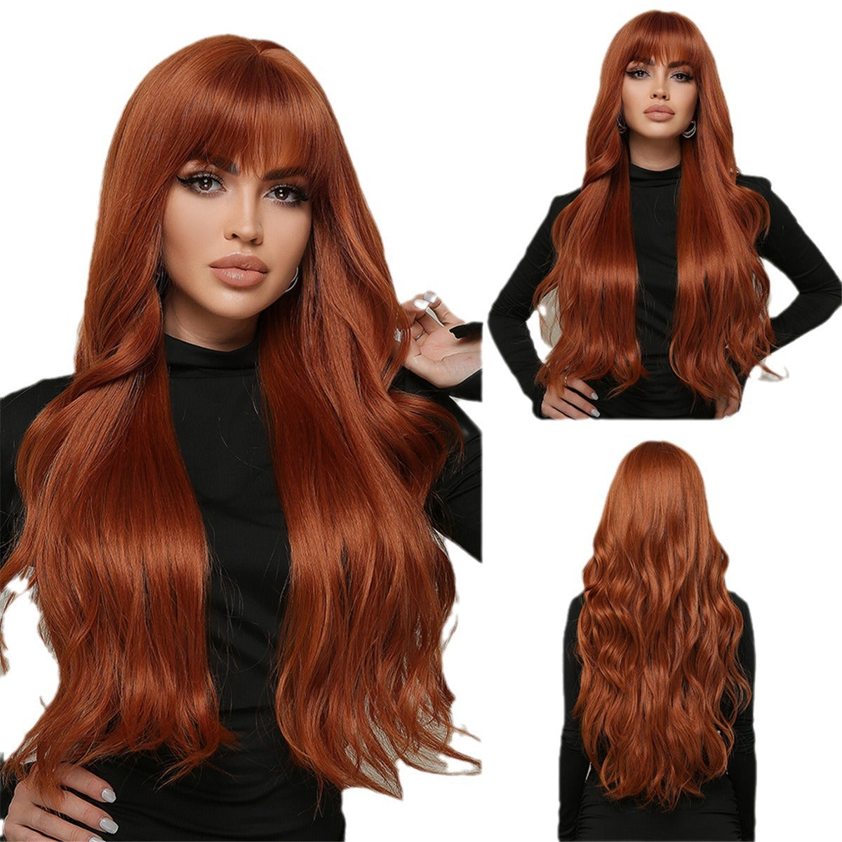 Long Curly Wig with Bangs – 30" Natural Wavy Synthetic Wig for Women
