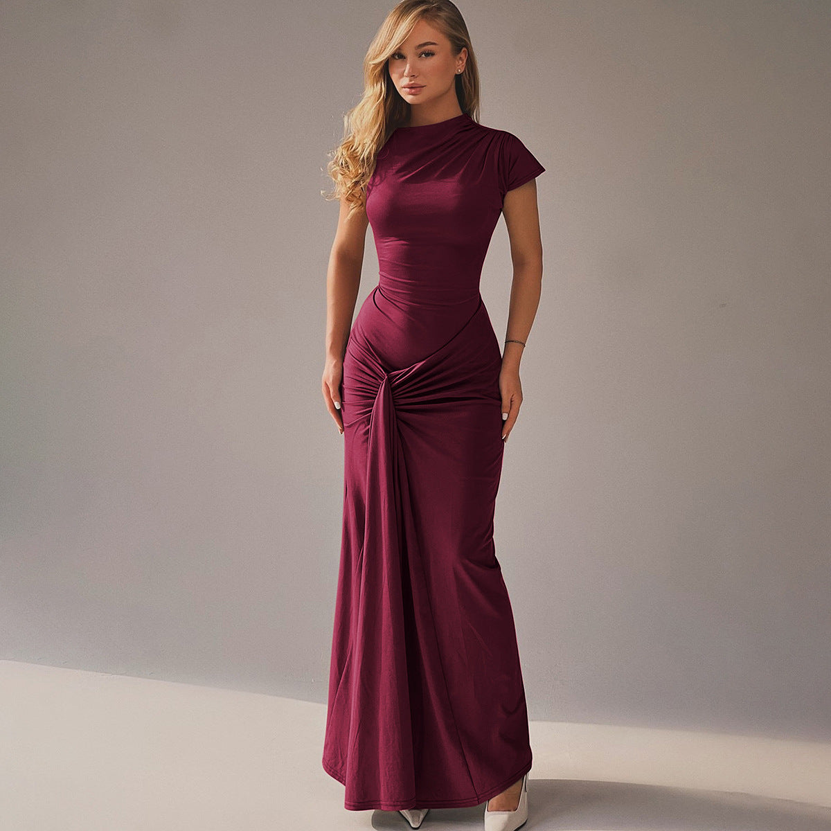 Women's Pleated Lace-Up Midi Dress – Slim Fit Round Neck