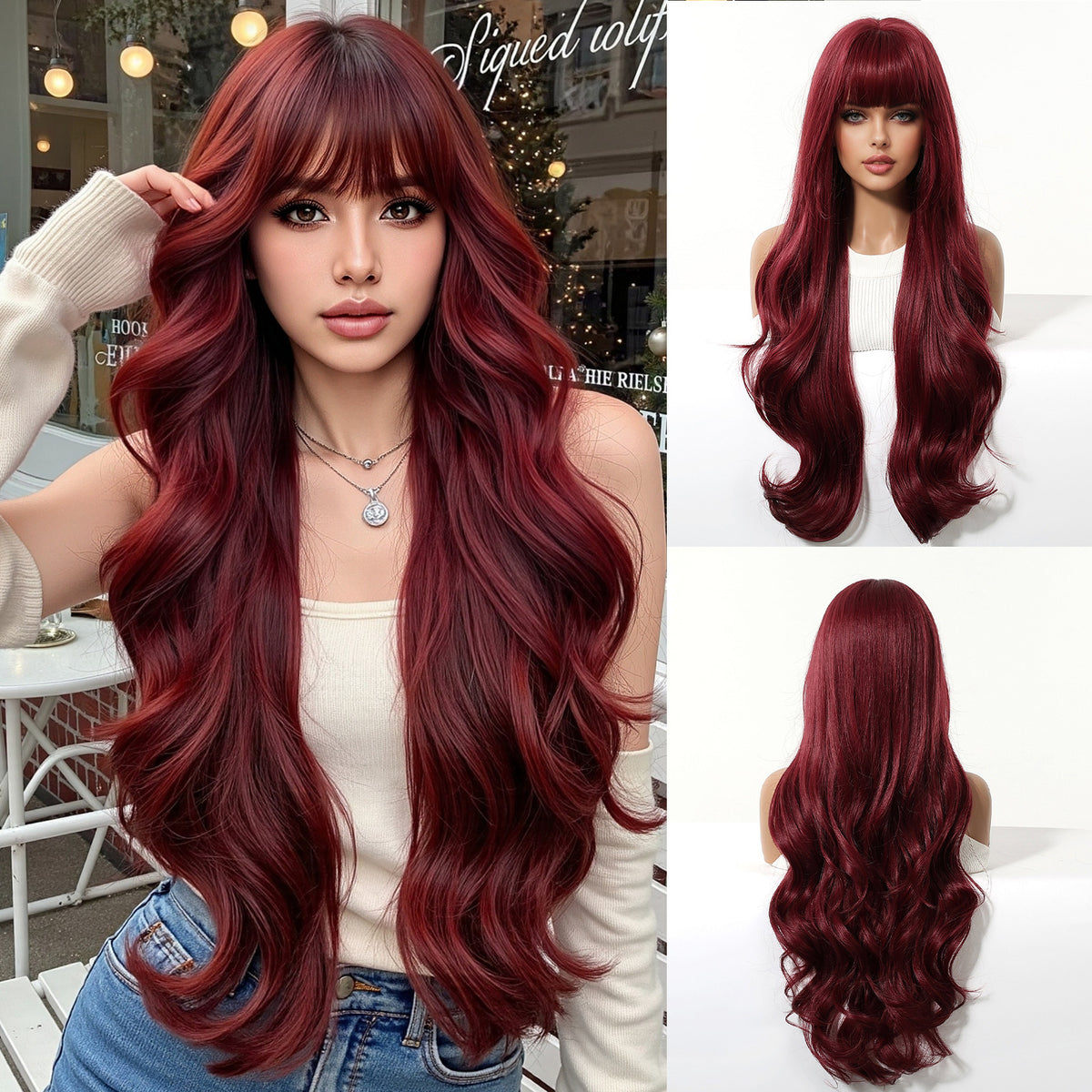 Long Curly Wig with Bangs – 30" Natural Wavy Synthetic Wig for Women