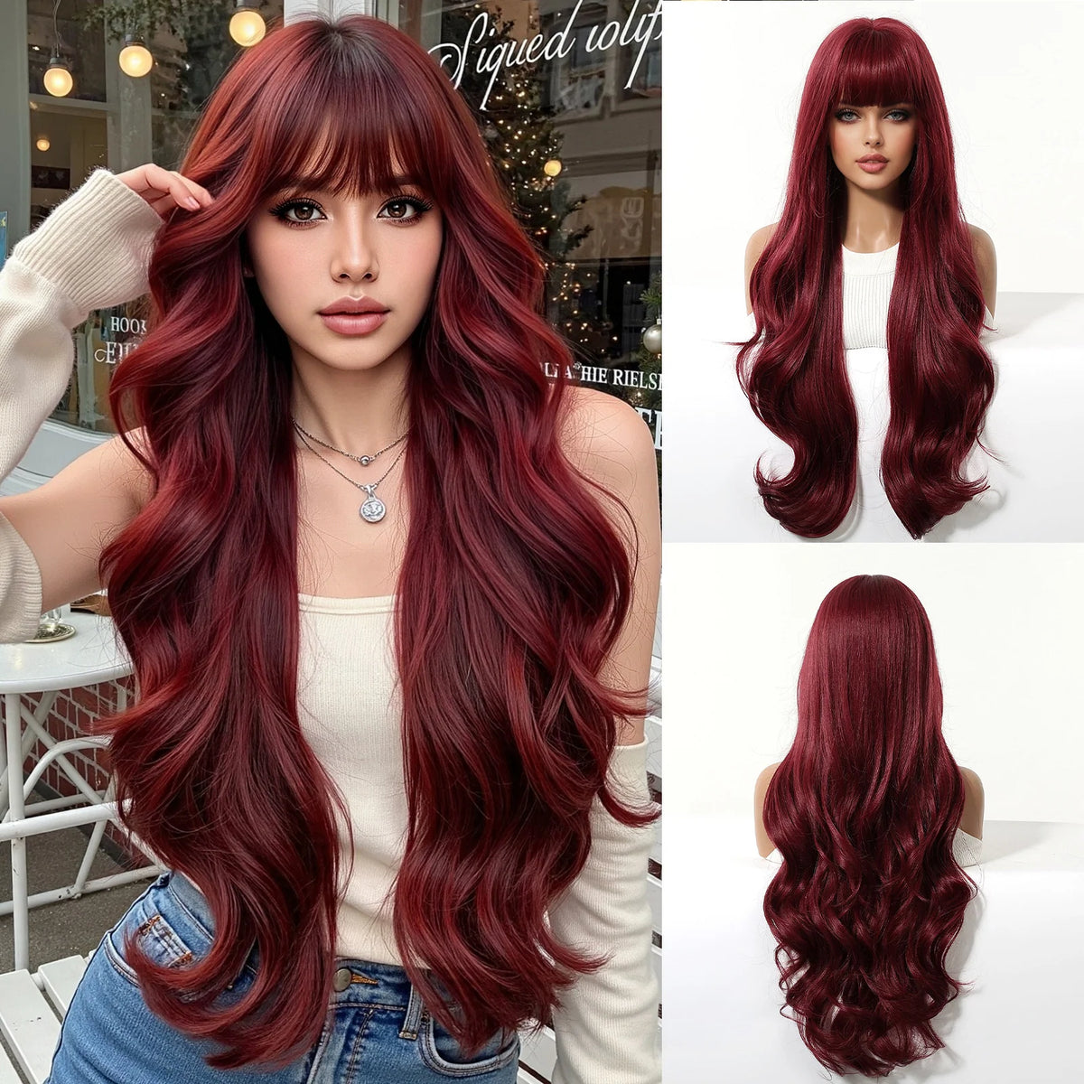 Long Curly Wig with Bangs – 30" Natural Wavy Synthetic Wig for Women