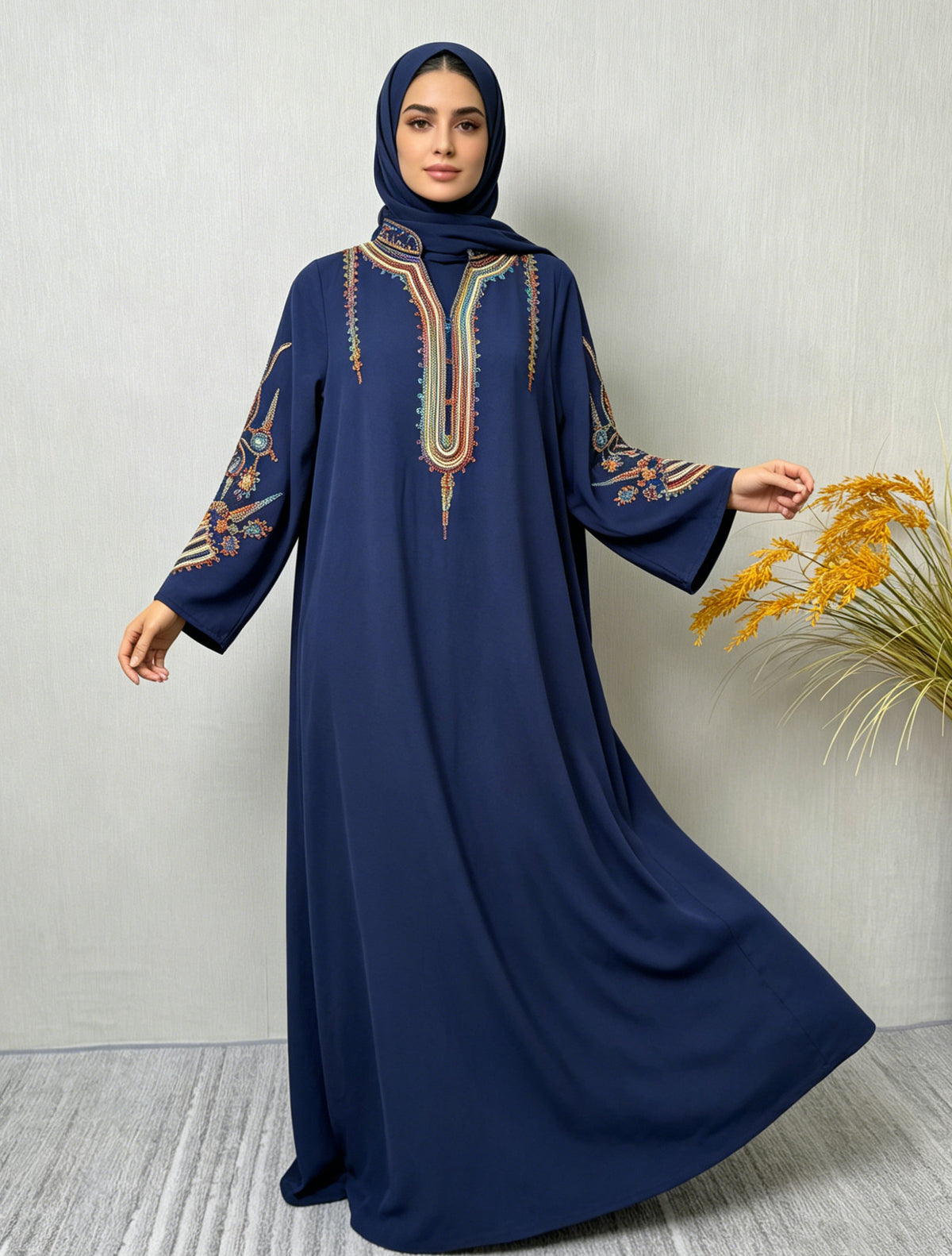 Women's Embroidered Maxi Robe Dress – Long Sleeve Elegant Loose Fit
