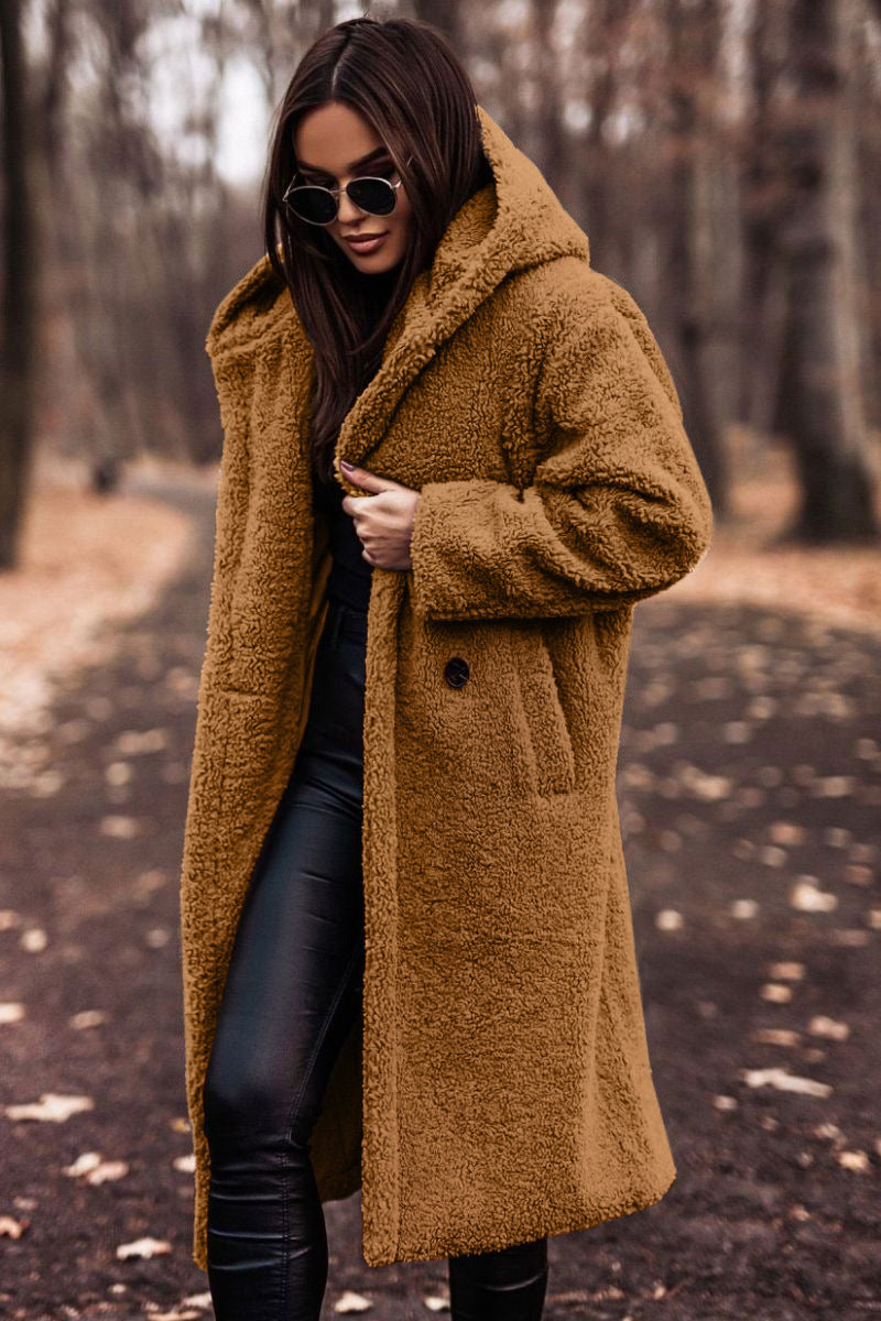 Women's long hooded teddy coat – oversized plush winter coat