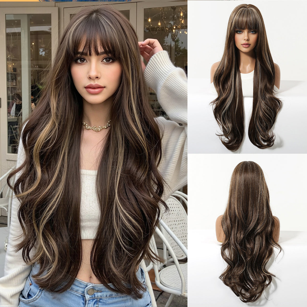 Long Curly Wig with Bangs – 30" Natural Wavy Synthetic Wig for Women