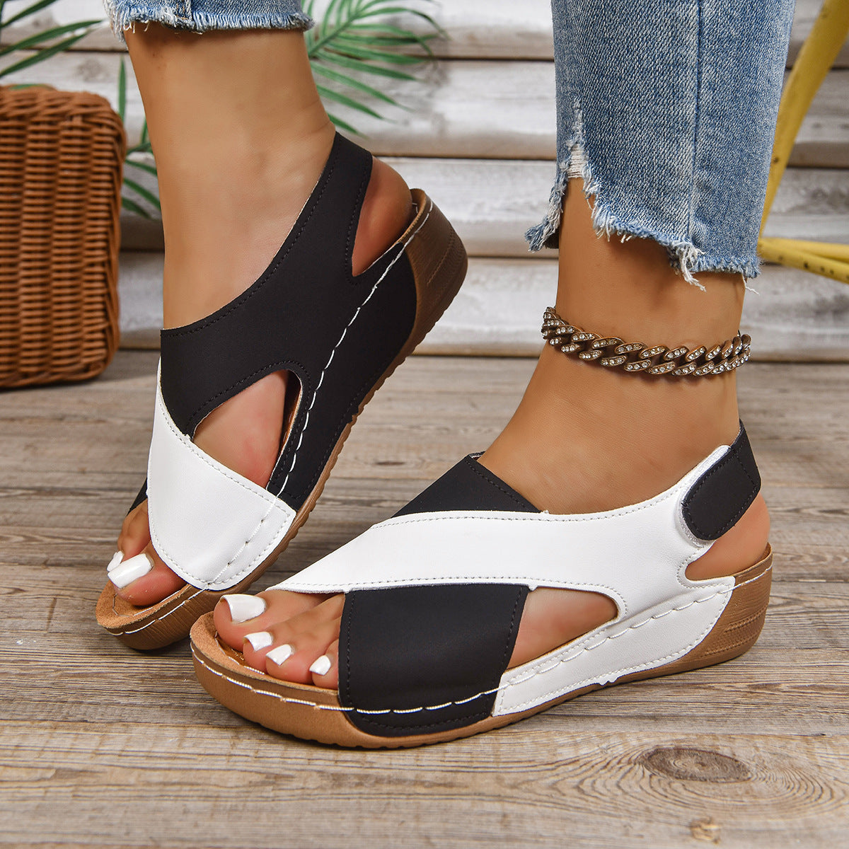 Women's Cut-Out Cross Strap Sandals with Easy Velcro Fastening
