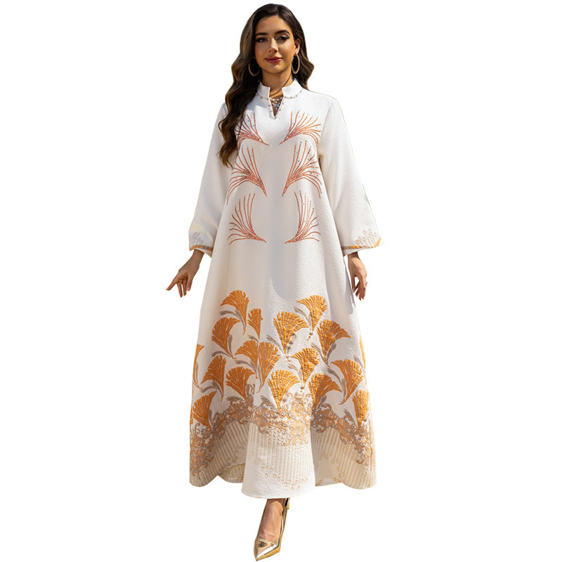 Women's Rhinestone Embroidered Jacquard Maxi Dress – Long Sleeve