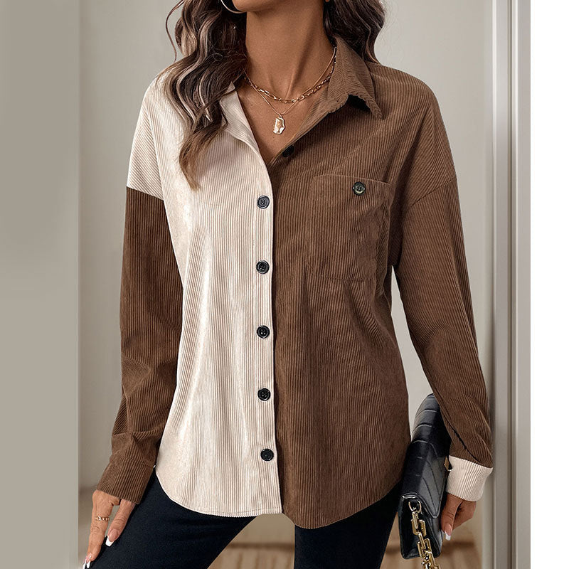 Women's Vintage Color Block Long Sleeve Corduroy Open Front Casual Top