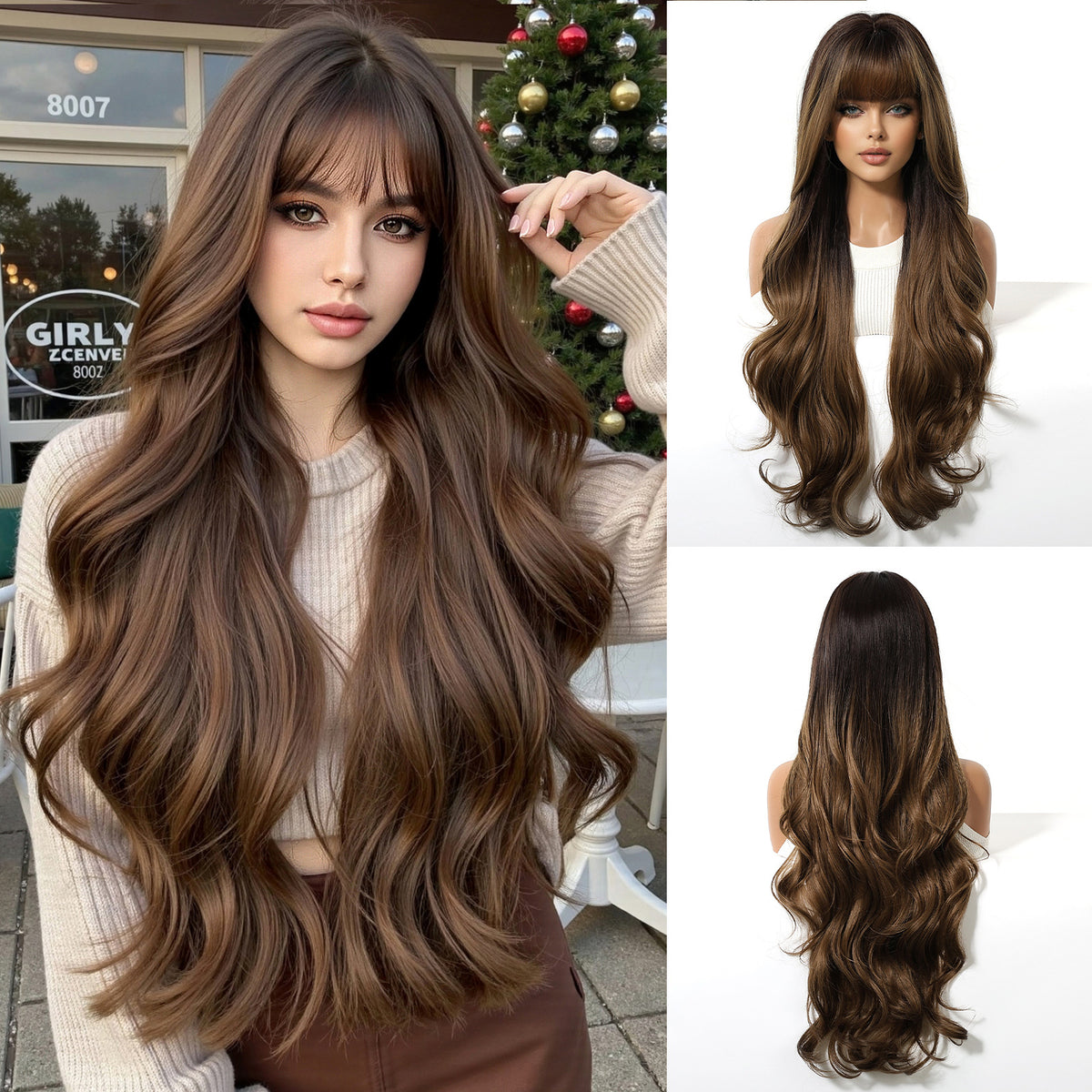 Long Curly Wig with Bangs – 30" Natural Wavy Synthetic Wig for Women