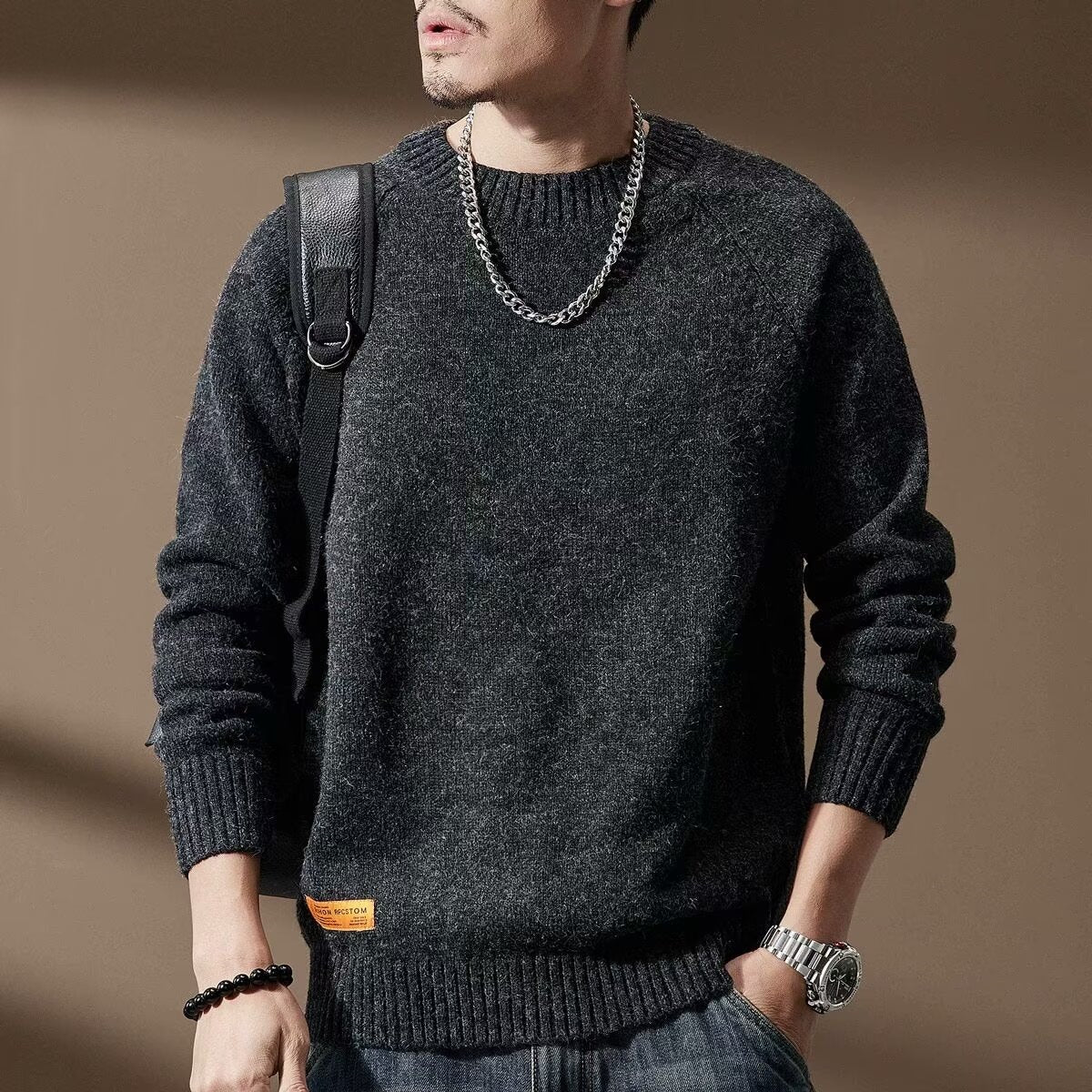 Men's Vintage Crew Neck Knit Sweater – Loose Fit Thick Pullover Jumper