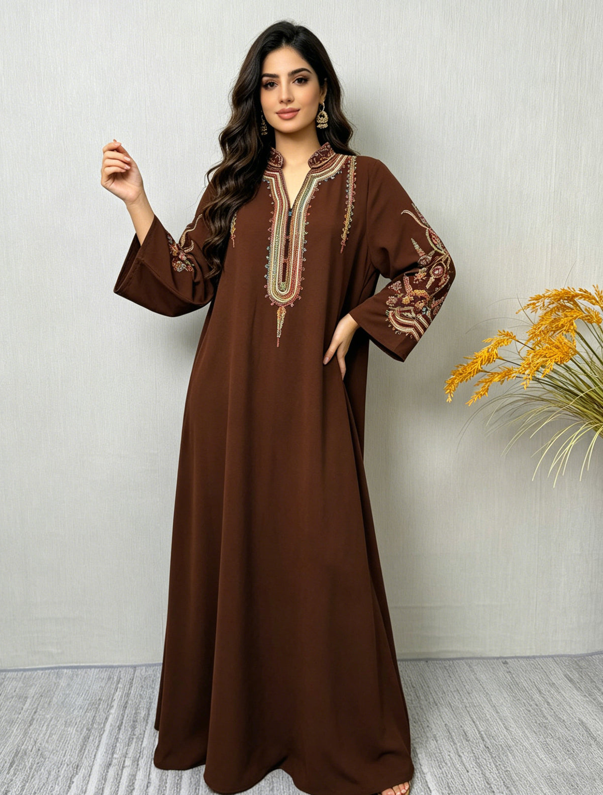 Women's Embroidered Maxi Robe Dress – Long Sleeve Elegant Loose Fit
