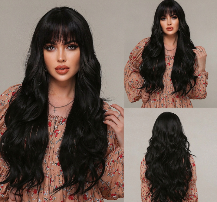 Long Curly Wig with Bangs – 30" Natural Wavy Synthetic Wig for Women