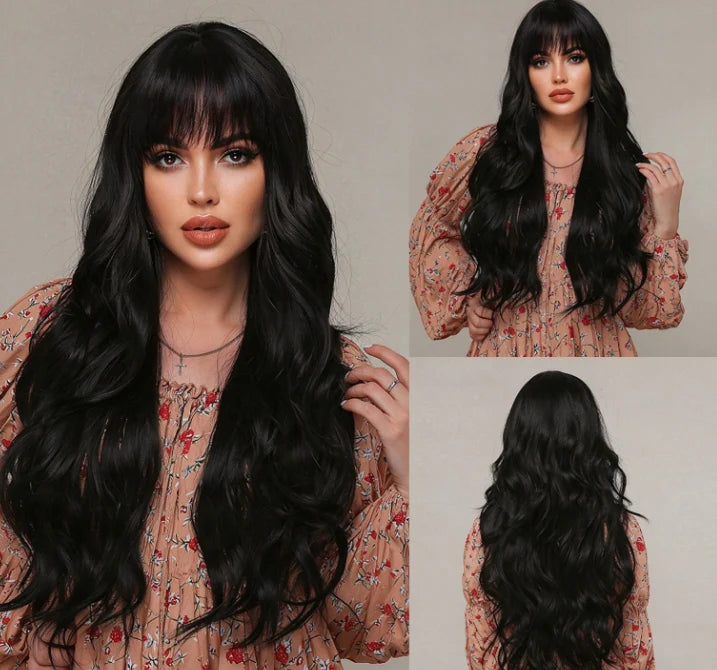 Long Curly Wig with Bangs – 30" Natural Wavy Synthetic Wig for Women