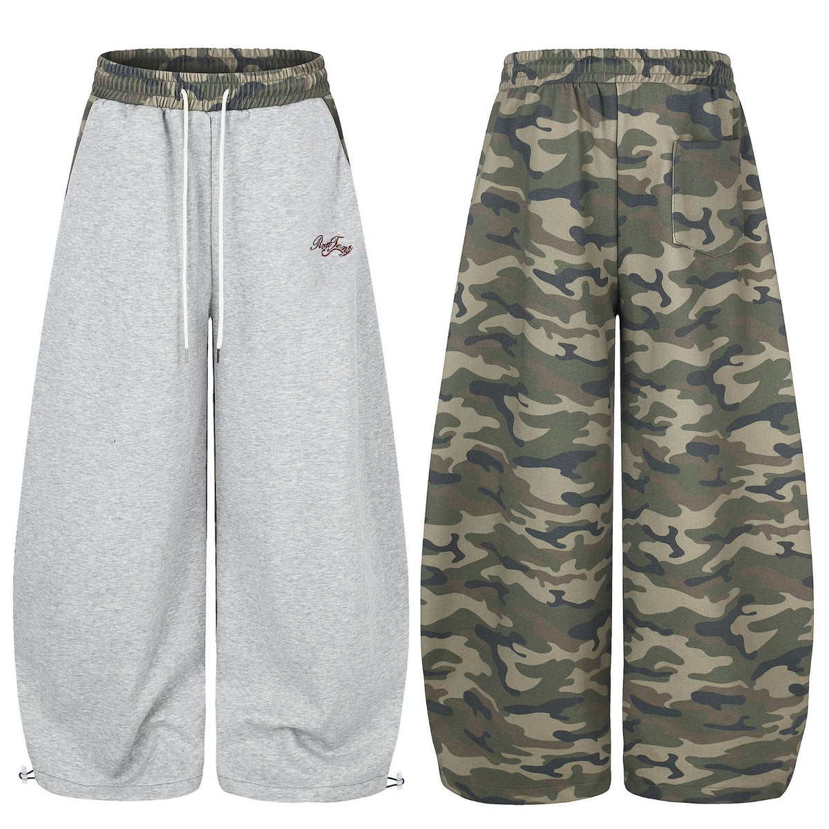 Women's grey camo wide leg joggers with drawstring waist
