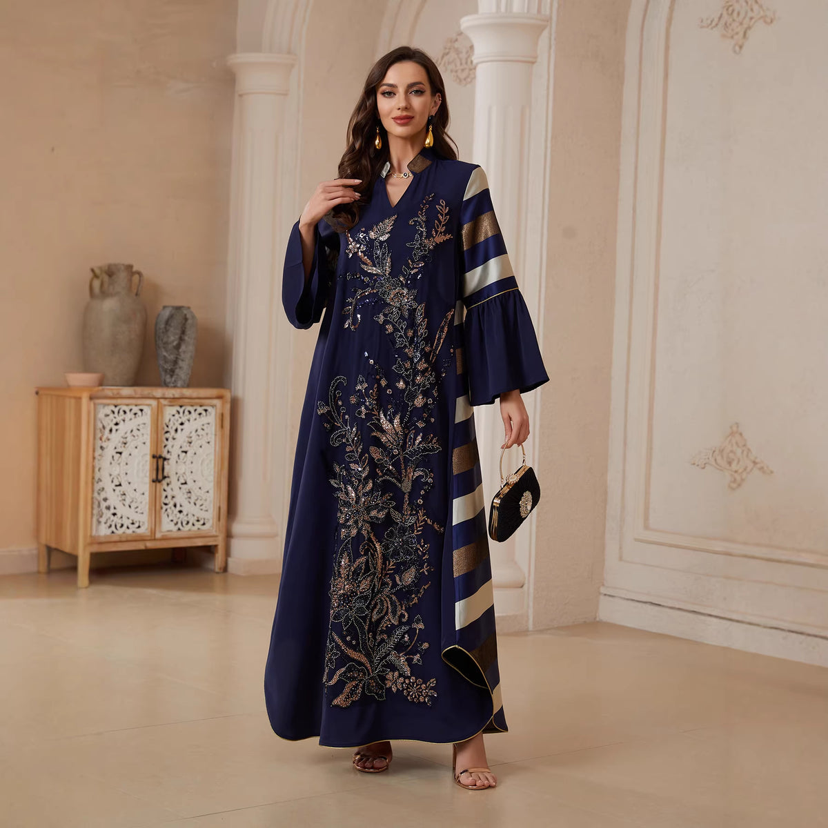 Women's Sequin Striped Maxi Dress – Long Sleeve Party Gown