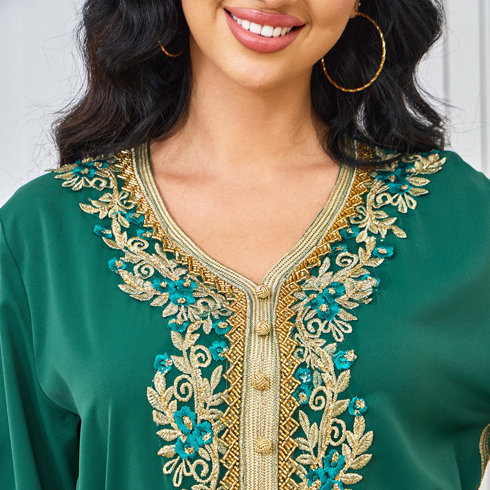 Women's Embroidered Round Neck Maxi Dress – Long Sleeve Loose Fit