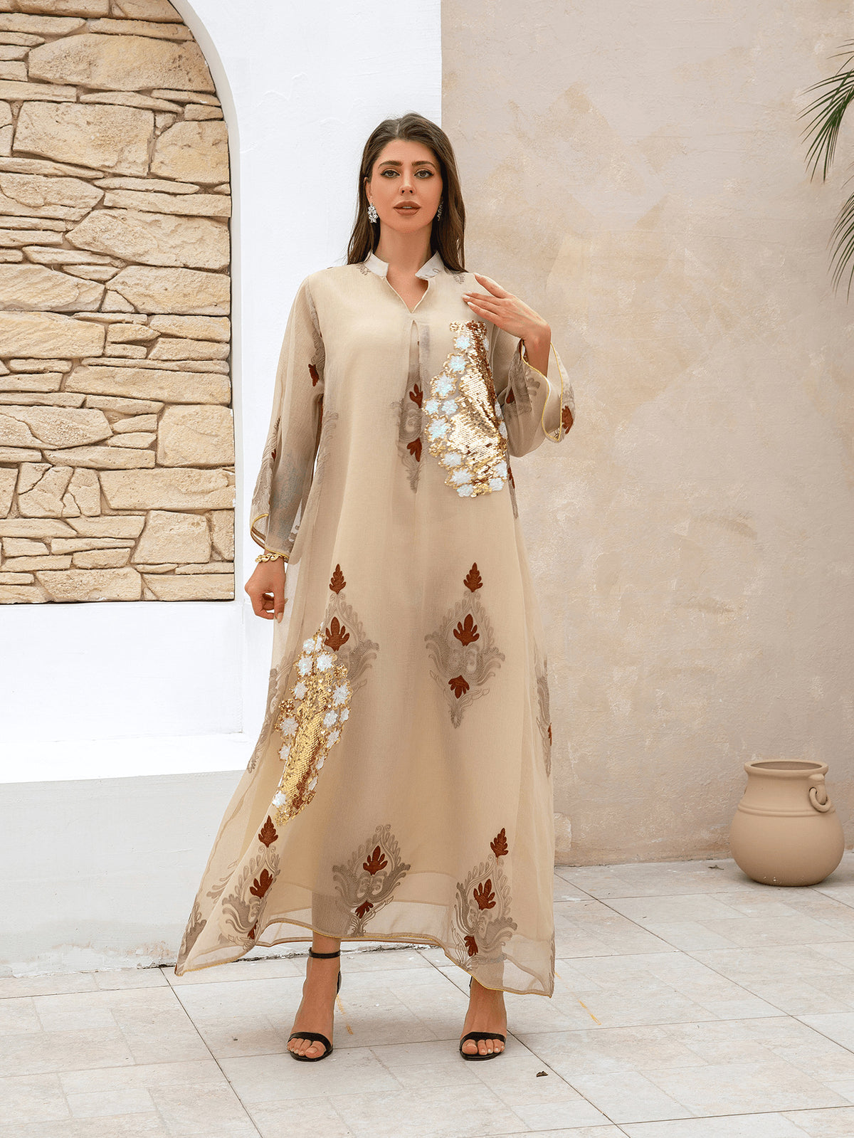 Women's Beaded Embroidered Maxi Dress – Long Sleeve Evening Gown