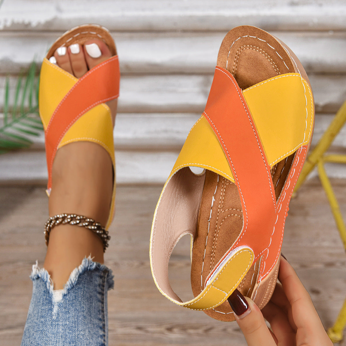 Women's Cut-Out Cross Strap Sandals with Easy Velcro Fastening