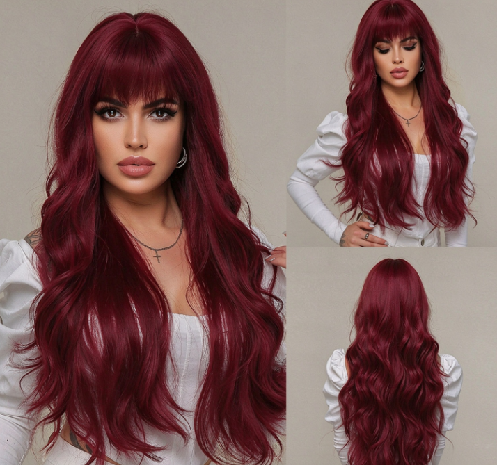Long Curly Wig with Bangs – 30" Natural Wavy Synthetic Wig for Women