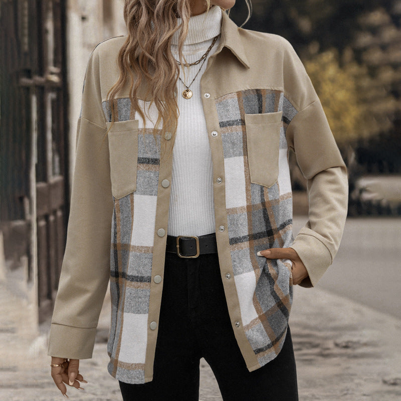 Plaid Lapel Pocket Khaki Shirt Jacket