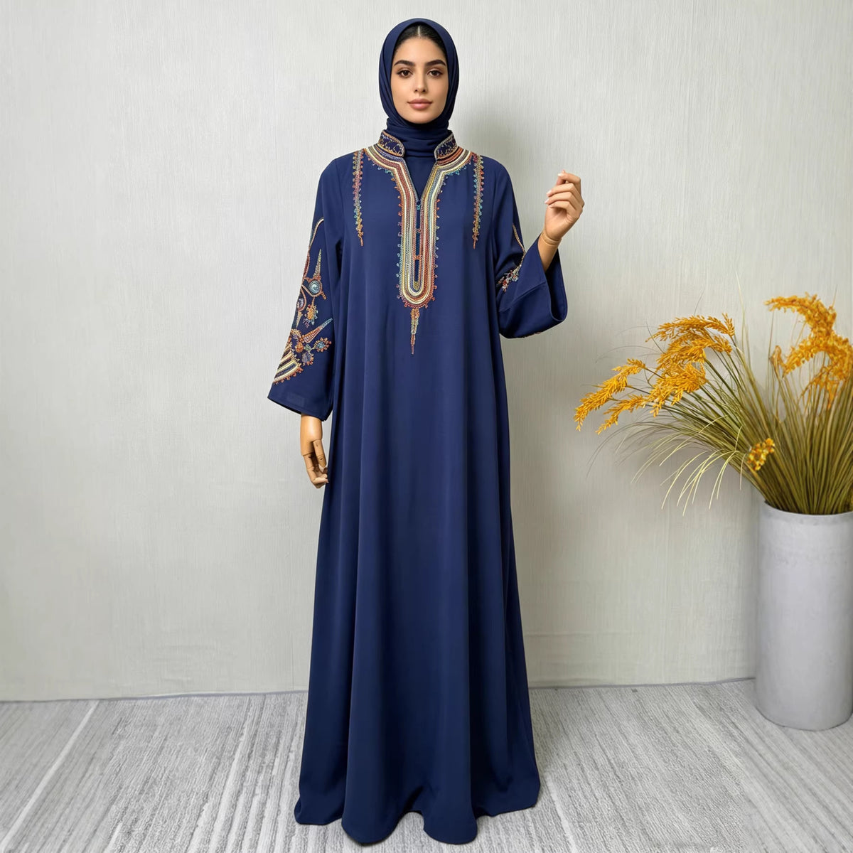 Women's Embroidered Maxi Robe Dress – Long Sleeve Elegant Loose Fit