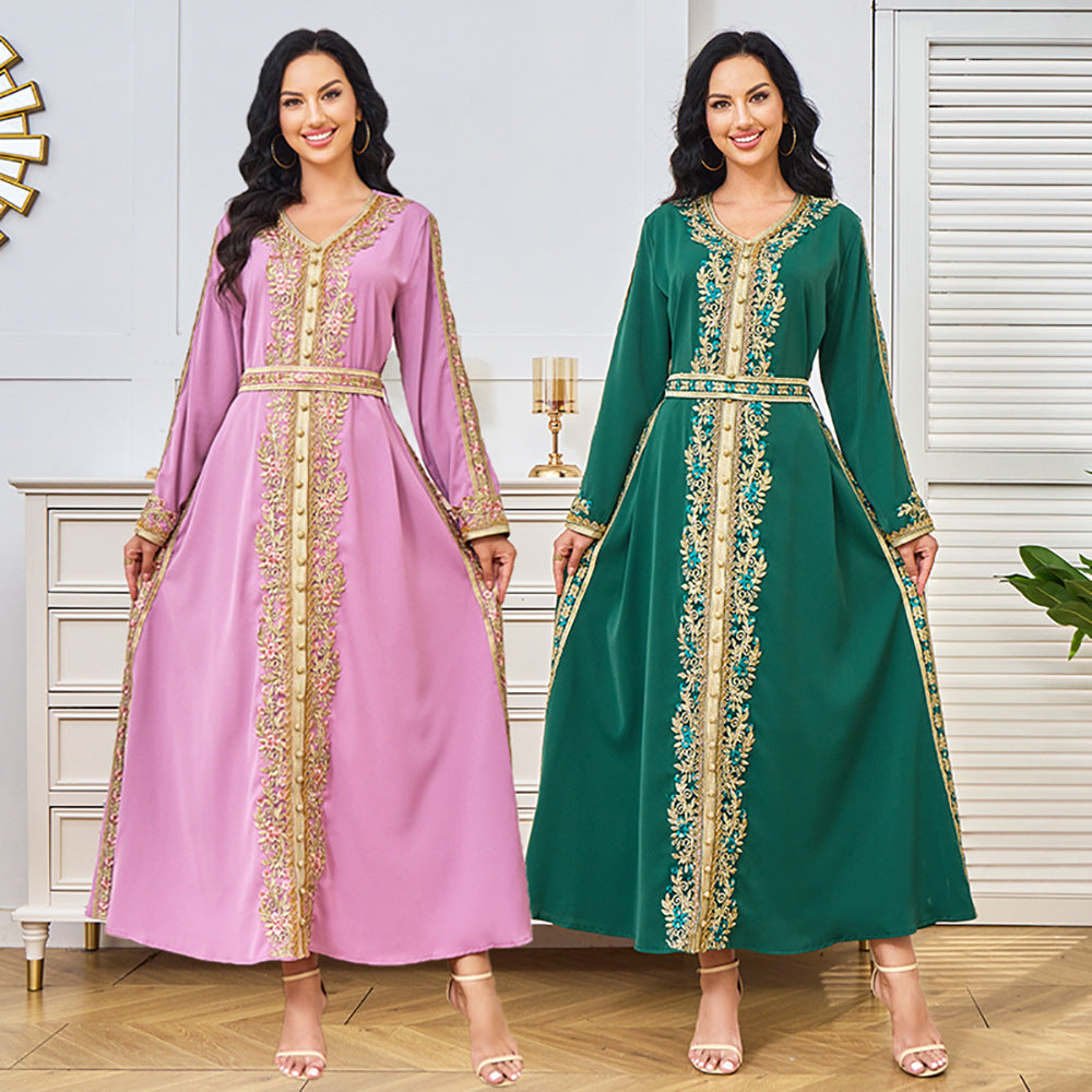 Women's Embroidered Round Neck Maxi Dress – Long Sleeve Loose Fit