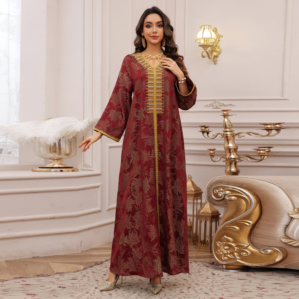 Women's Floral Embroidered Sequin Maxi Dress – Long Sleeve Evening Gown