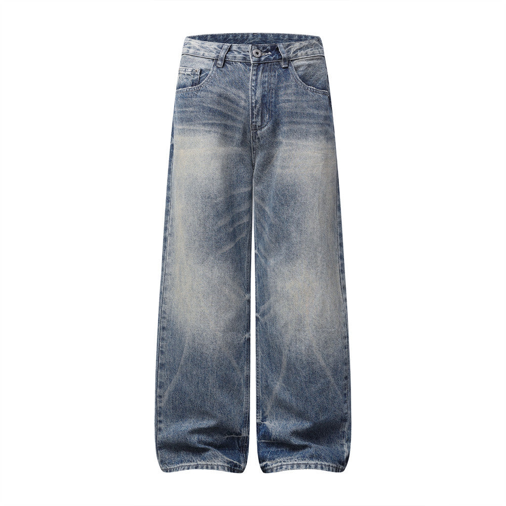 Men's vintage wash wide leg baggy jeans in light blue