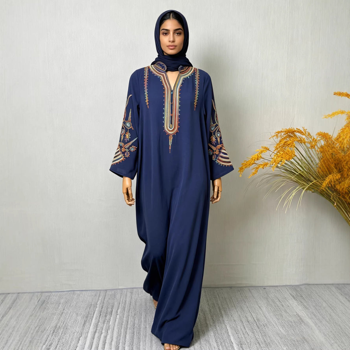 Women's Embroidered Maxi Robe Dress – Long Sleeve Elegant Loose Fit