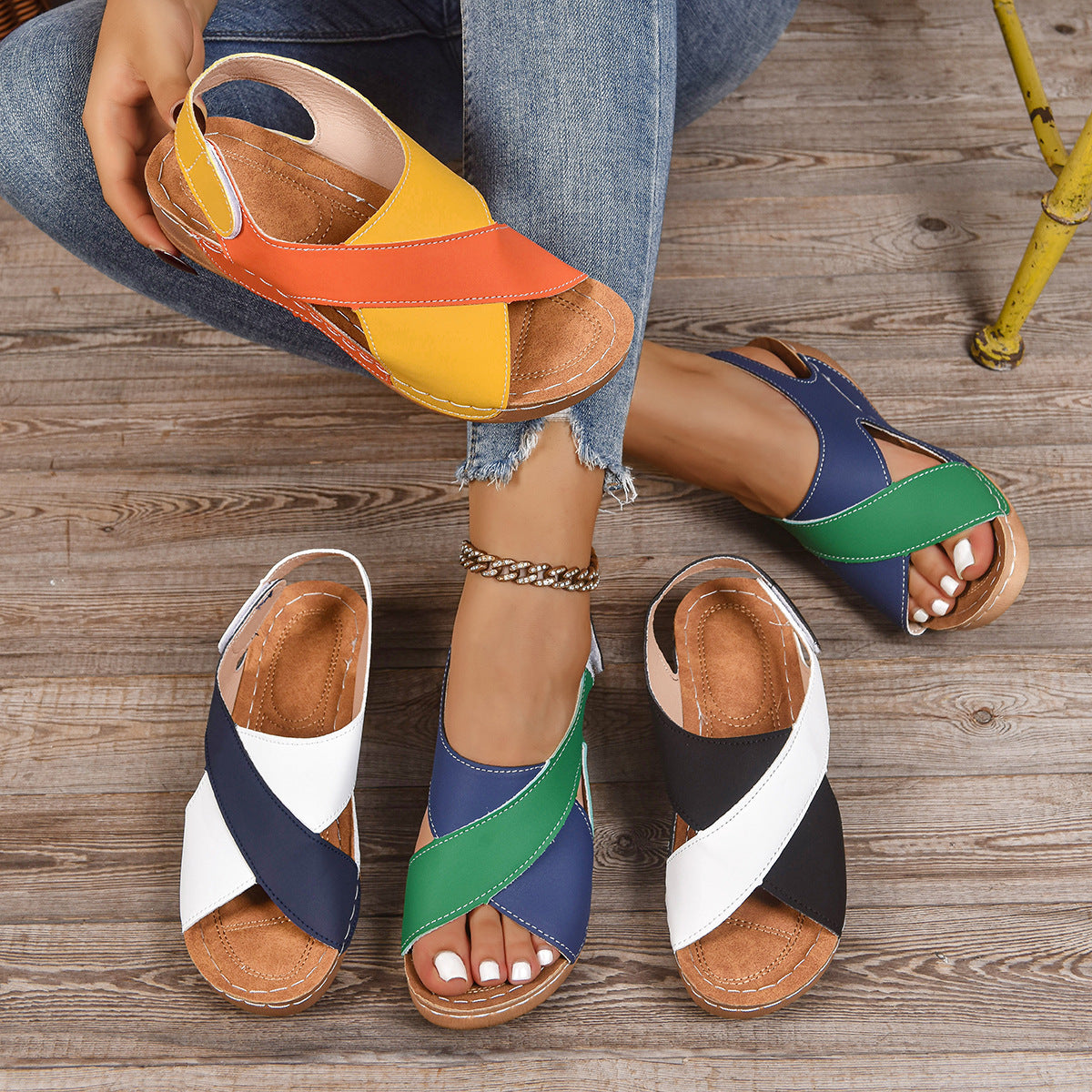 Women's Cut-Out Cross Strap Sandals with Easy Velcro Fastening