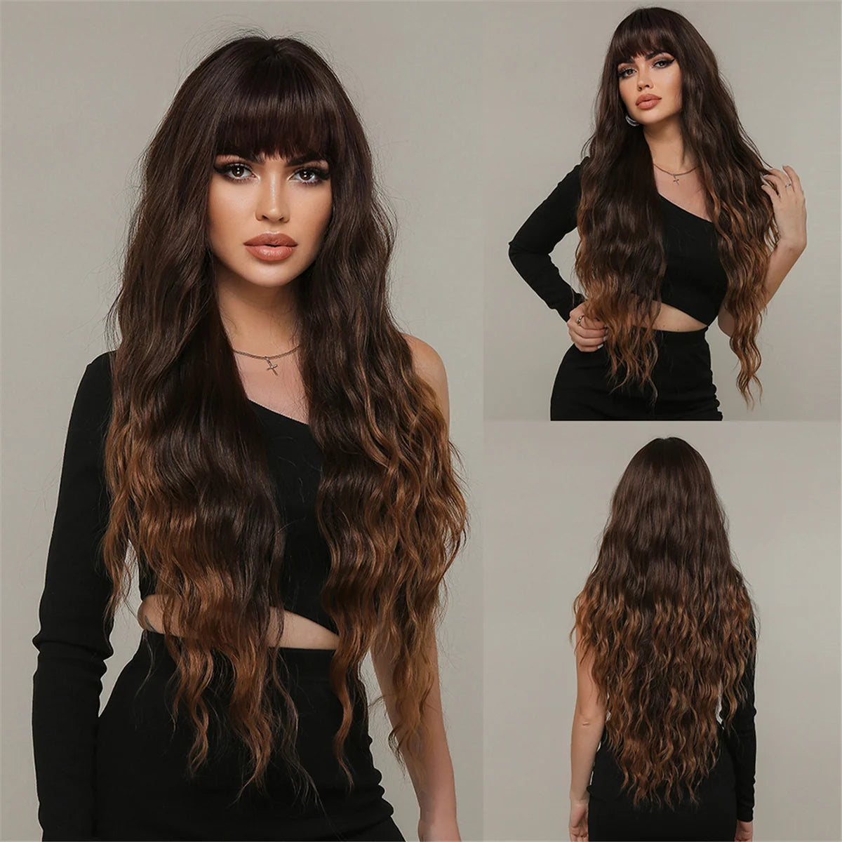 Long Curly Wig with Bangs – 30" Natural Wavy Synthetic Wig for Women