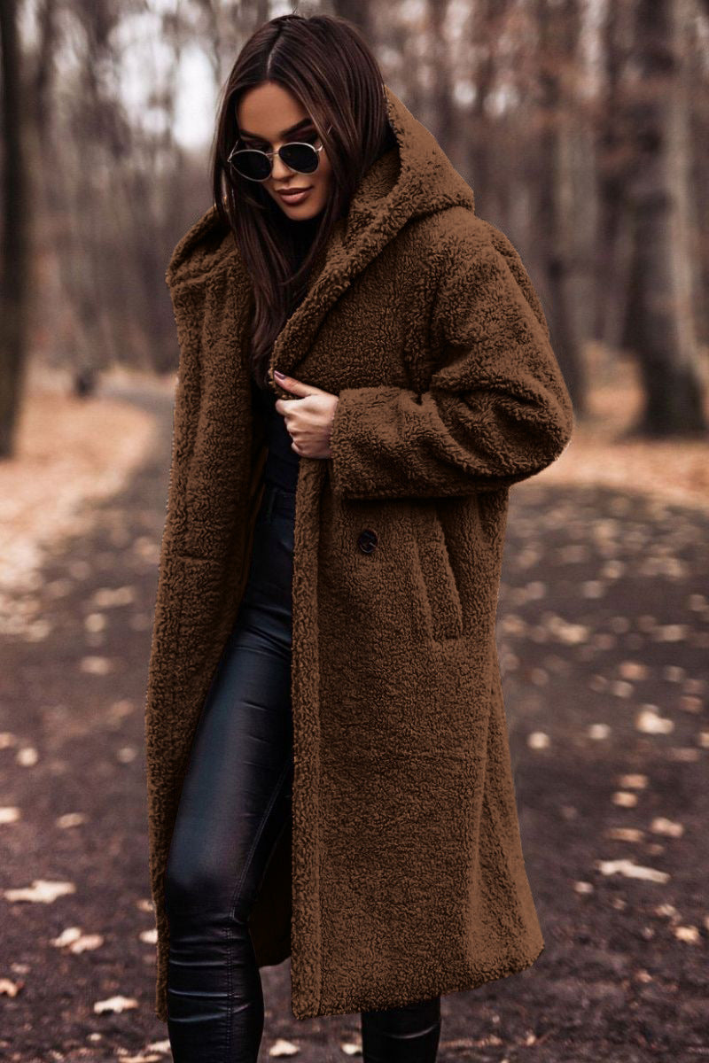 Women's long hooded teddy coat – oversized plush winter coat