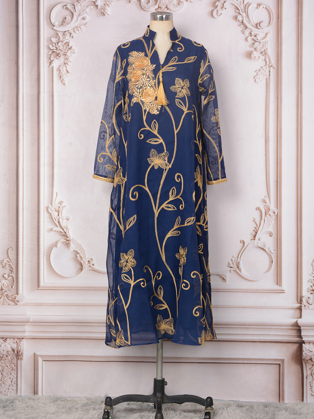 Women's Embroidered Beaded Maxi Dress – Long Sleeve Loose Fit