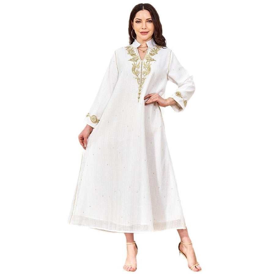 Women's White Embroidered Maxi Dress – Long Sleeve Loose Fit