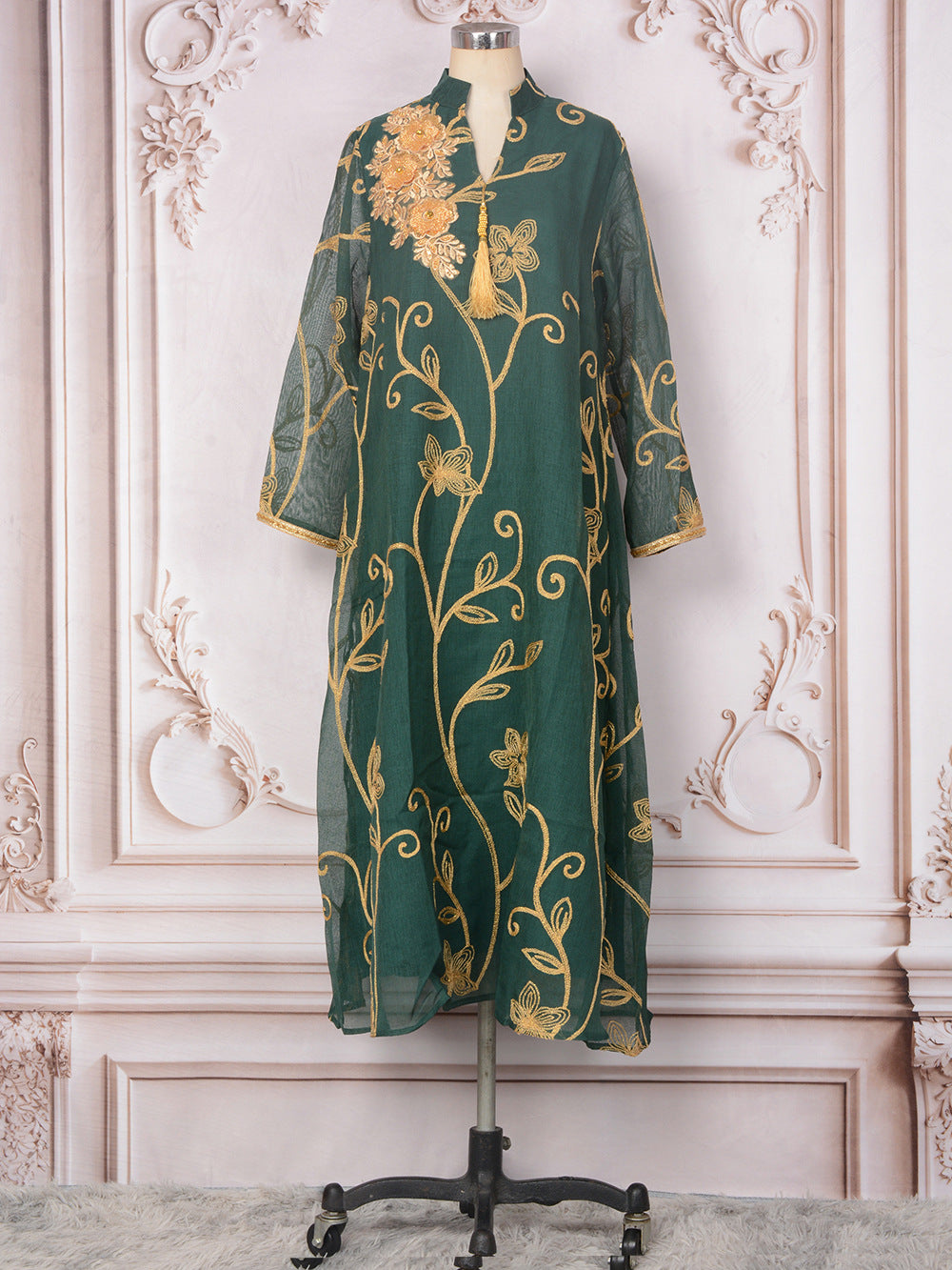 Women's Embroidered Beaded Maxi Dress – Long Sleeve Loose Fit