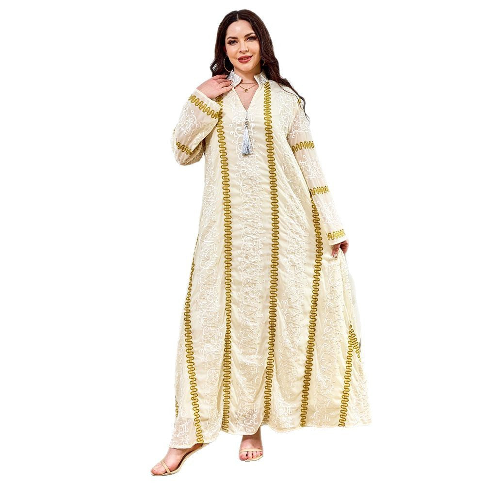 Women's Embroidered Tassel Maxi Dress – Long Sleeve Loose Fit