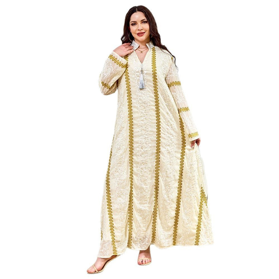 Women's Embroidered Tassel Maxi Dress – Long Sleeve Loose Fit
