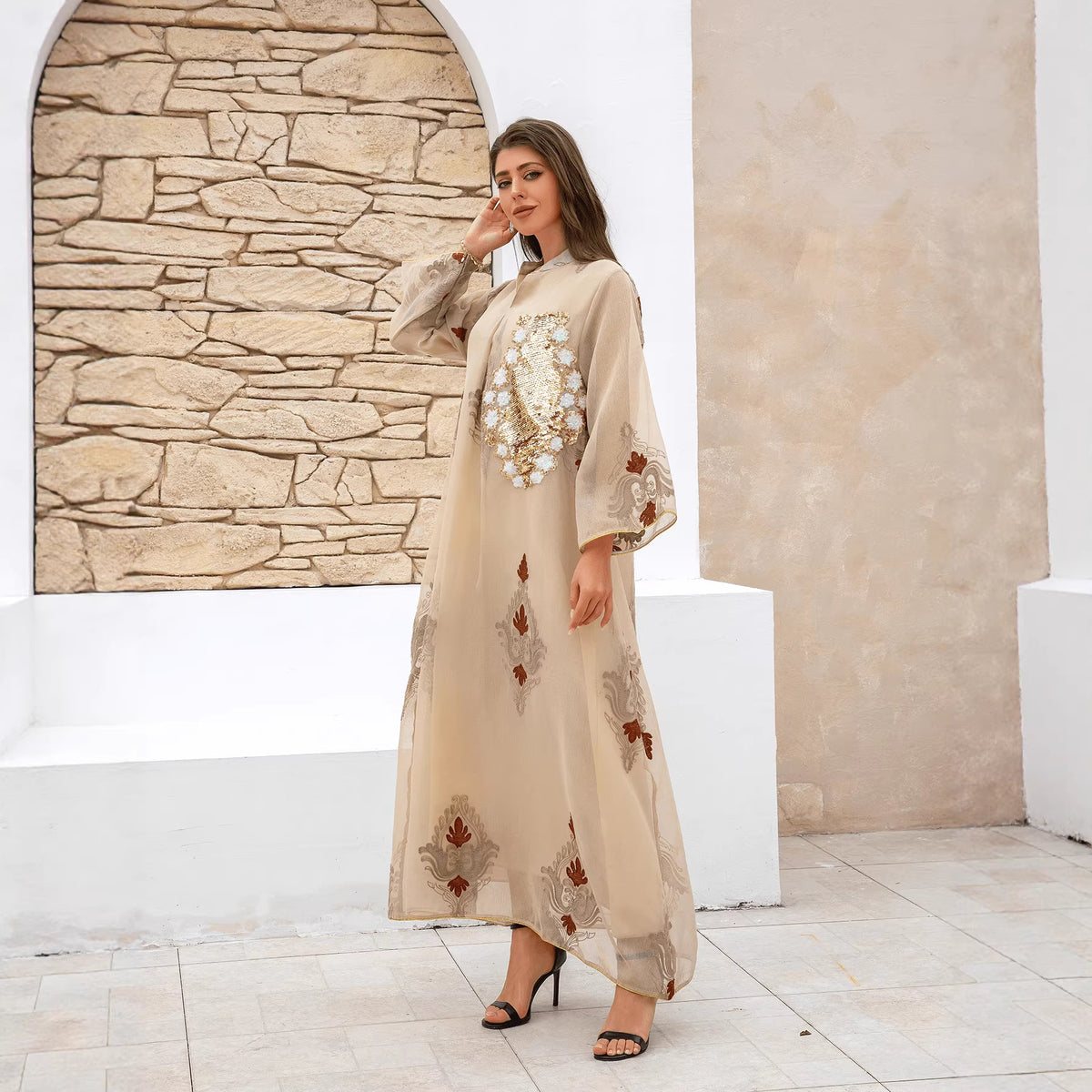 Women's Beaded Embroidered Maxi Dress – Long Sleeve Evening Gown