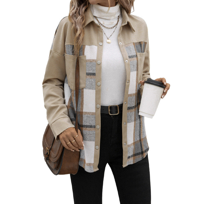 Plaid Lapel Pocket Khaki Shirt Jacket