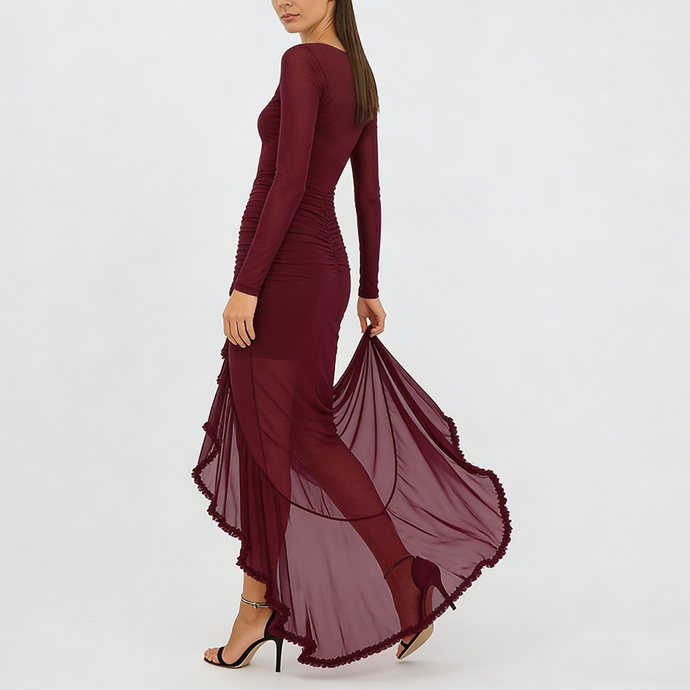Women's V-Neck Sheer Ruffle Skirt Dress